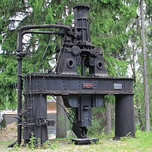 Steam hammer manufactured by F. Banning AG in 1929, used by Tampella, located since 1977 at the Murikka Institute in Tampere, Finland as memorial of iron industry in the city. Banning steam hammer 2, Murikka.jpg