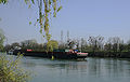 Pousseur Cetus et barge porte contenneur sur la Seine