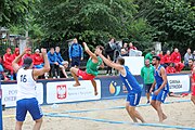 Deutsch: Beachhandball Europameisterschaften 2019 (Beach handball Euro); Tag 3: 4. Juli 2019 – Männer, Platzierungsrunde Gruppe IV, Rumänien-Portugal 2:0 (15:14, 25:24) English: Beach handball Euro; Day 3: 4 July 2019 – Men Consolation Round Group IV – Romania-Portugal 2:0 (15:14, 25:24)