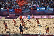 Deutsch: Beachhandball bei den Olympischen Jugendspielen 2018; Tag 3, 10. Oktober 2018; Mädchen, Vorrunde, Gruppe B - Niederlande-Argentinien 2:0 English: Beach handball at the 2018 Summer Youth Olympics at 10 October 2018 – Girls Preliminary Round Group B‎ – Netherlands-Argentina 2:0