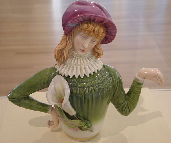 Female side of Aesthetic teapot designed by R. W. Binns and modeled by James Hadley, 1881.