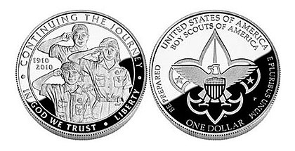 Boy Scouts of America 100th Anniversary commemorative Silver Dollar
issued March 23, 2010 by the United States Mint Boy Scouts of America, 100th Anniversary Commemorative Silver Dollar.jpg