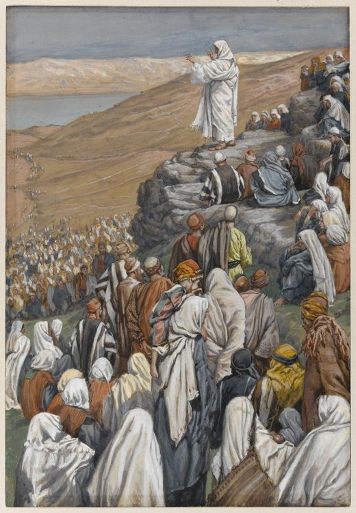 Sermon of the Beatitudes depicts Jesus' Sermon on the Mount, in which he summarized his ethical teachings. James Tissot, c. 1890