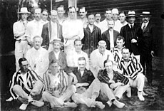 Buenos Aires and Rosario C.C. players posing together during a cricket match, 1916 Buenosaires cricketclub rosariocc 1916.jpg