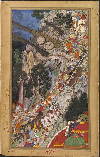 Bullocks dragging siege-guns uphill during Akbar's attack on Ranthambhor Fort in 1568