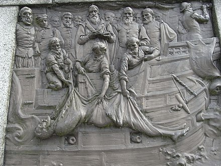 Drake's burial at sea off Portobello. Bronze plaque by Joseph Boehm, 1883, base of Drake statue, Tavistock.
