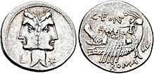 Denarius of Gaius Fonteius, 114-113 BC. The Doscuri are depicted as a Janiform head on the obverse. The reverse shows a galley, a reference to Telegonus, son of Ulysses and founder of Tusculum. C. Fonteius, denarius, 114-113 BC, RRC 290-1.jpg