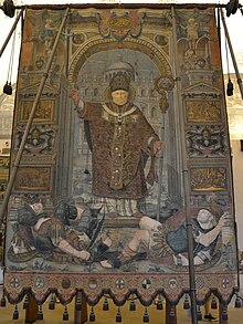 The 1565 tapestry by Scipione Delfinone and Camillo Pusterla, the first gonfalon of Milan. It is kept inside the Castello Sforzesco, in the Sala del Gonfalone Castello sforzesco museo 121.jpg