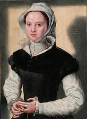 After Catharina van Hemessen. Lady in Sixteenth-Century Costume label QS:Len,"Lady in Sixteenth-Century Costume" label QS:Lpl,"Dama w szesnastowiecznym stroju" label QS:Lnl,"Dame in zestiende-eeuwse kleding" Circa 1548-1549. oil on panelmedium QS:P186,Q296955;P186,Q106857709,P518,Q861259. 40.9 × 39.1 cm (16.1 × 15.3 in). Barnard Castle, Bowes Museum.