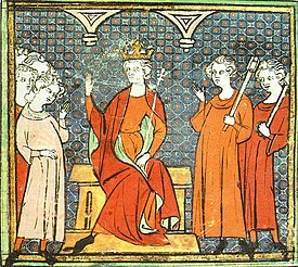 Король Хильдерик II и его придворные. Миниатюра из Больших французских хроник (XIV век)
