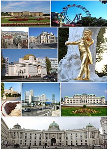从左至右，从上至下：市政厅、美泉宫、摩天轮、维也纳国家歌剧院、斯德望主教座堂、艺术史博物馆、斯蒂芬广场、萨赫蛋糕、约翰·施特劳斯纪念碑、分离派展览馆、多瑙城、汉德瓦萨住宅