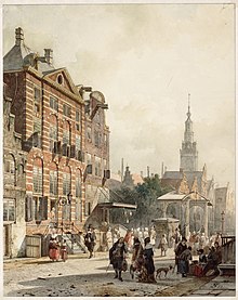 Rembrandt's house at Jodenbreestraat by Cornelis Springer (1853); in the back the Zuiderkerk where his children were buried (Source: Wikimedia)