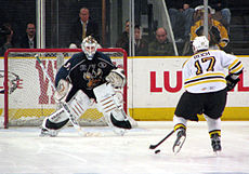 Schneider with the Manitoba Moose in a shootout against Jeremy Reich in 2009 Cory Schneider and Jeremy Reich.jpg