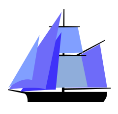 Naval cutter with three headsails and two supplementary square sails hoisted. It is not currently carrying a gaff topsail, though it might use one when going upwind.