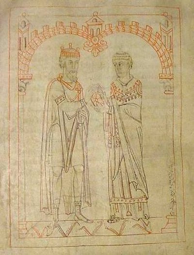 Miro, king of Galicia, and Martin of Braga, from an 1145 manuscript of Martin's Formula Vitae Honestae, now in the Austrian National Library. The book