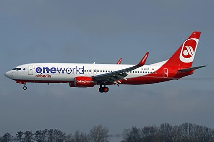 After becoming a member of Oneworld, several Air Berlin aircraft displayed the alliance's logo, as seen on this Boeing 737-800.