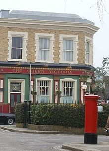 Exterior of The Queen Victoria as it appeared 2010-2014 EastendersQueenVic (cropped).JPG
