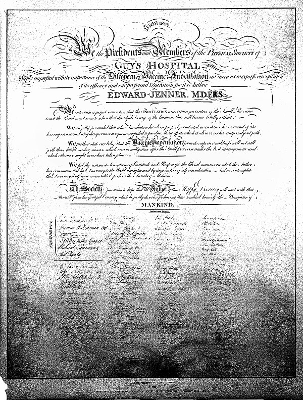 Jenner's 1802 testimonial to the efficacy of vaccination, signed by 112 members of the Physical Society, London