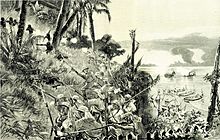 The storming of Belltown by a landing party from SMS Olga, December 1884 (depiction by Carl Saltzmann, 1885) Erstuermung von Belltown in Camerun (1884).jpg