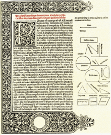 The first page of Euclid's Elements, from the world's first printed version (1482), showing the "definitions" section of Book I. The right triangle is labeled "orthogonius", and the two angles shown are "acutus" and "angulus obtusus". Euclid3a.gif