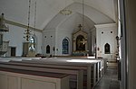 Förlösa kyrka. Småland. Bilden visar kyrkorummet i kyrkan med placeringen av Blackstadius altartavla Kristus och kvinnorna vid graven i fonden.