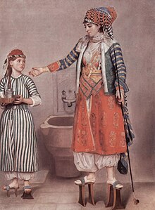 Tall pattens worn by two 18th-century Turkish women, pastel by Jean-Etienne Liotard, who visited Turkey in 1738 Femme turque avec servante (1742-1743) - Jean-Etienne Liotard (MAH, Geneva).jpg