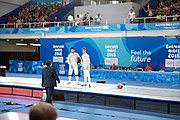 Deutsch: Fechten bei den Olympischen Jugend-Sommerspielen 2018: Tag 1, 7. Oktober 2018, Jungen, Säbel, Finale - Krisztián Rabb (HUN) - Hyun Jun (KOR) (USA) 15:13 English: Fencing at the 2018 Summer Youth Olympics at 7 October 2018 – Boys' sabre Gold medal match – Krisztián Rabb (HUN) Vs Hyun Jun (KOR) (USA) 15:13