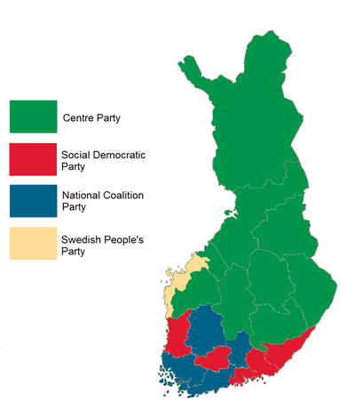 Results by province .

Centre Party
Social Democratic Party
National Coalition Party
Swedish People's Party Finnish parliamentary election results by province, 1999.png