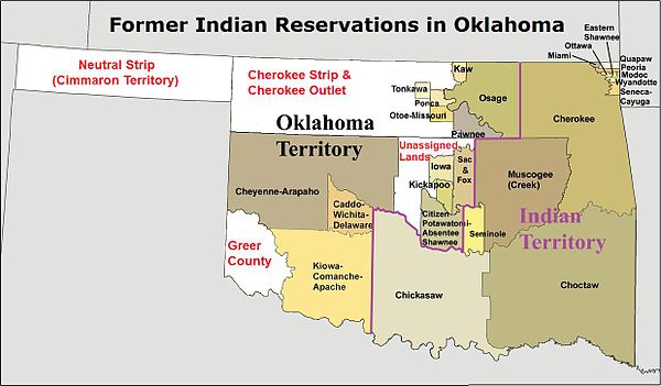 Indian reservations in Oklahoma prior to the Dawes Act of 1887.