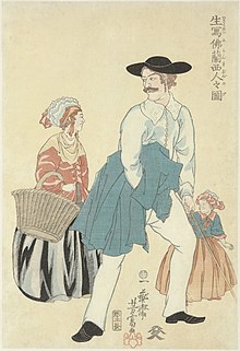 French family in Yokohama, 1861 Frans echtpaar met dochter Ikiutsushi Furansujin no zu (titel op object) Een levensechte afbeelding van Fransen, RP-P-2012-103-18.jpg