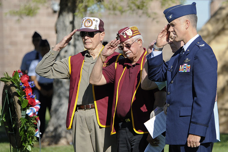 File:From left, Carroll Knutson, Gene Ramos, Jack Leaming, all former prisoners of war, and U.S. Air Force Col. Pete Ford, commander of the 57th Adversary Tactic Group, render a salute during a National POW-MIA 130920-F-NK166-481.jpg