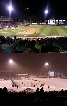 Top: Summertime Red Wings Baseball, Bottom: Wintertime RIT Tigers men's ice hockey during the 2013 Frozen Frontier event