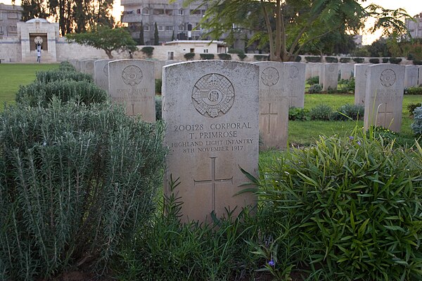 Gravestones of HLI soldiers who died in the First World War in the Commonwealth War Graves Commission Cemetery in Gaza City