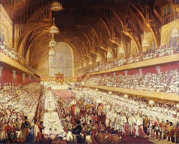 George IV's coronation banquet was held in Westminster Hall in 1821, the last of its kind; no such banquet has been held since.