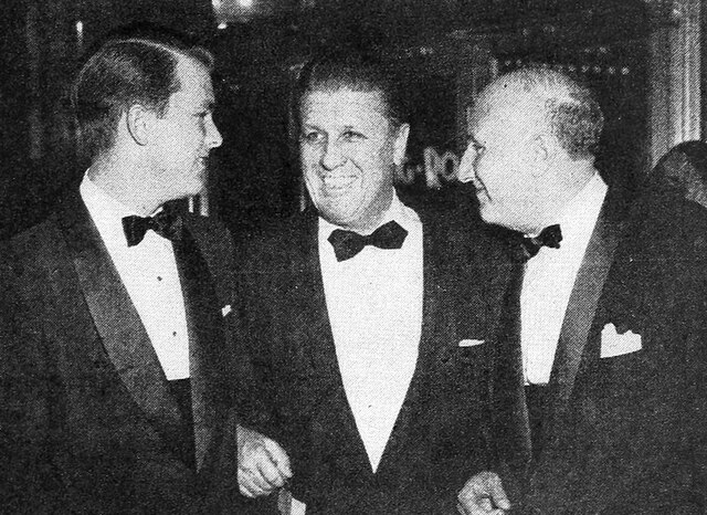 Left to right: George Stevens Jr., his father, George Stevens, and composer Dimitri Tiomkin at premiere of Giant, October 11, 1956