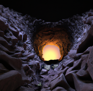 Artist's impression from 2023 of peering out from a giant lava tube with a moon base inside; such an arrangement would provide protection from cosmic rays, solar flares, and meteor strikes Giant lava tunnel with a moon base inside.png