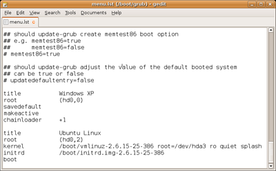 A configuration file for GNU GRUB being edited. Comments (the lines beginning with a '#') are used both as documentation and as a way to "disable" the setting. Gnu grub config file.png