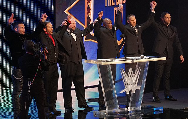 The participants in the first TLC match. From left to right: Jeff Hardy, Matt Hardy, Bubba Ray Dudley, D-Von Dudley, Christian, and Edge