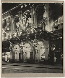 Her Majesty's Theatre, Sydney, decorated and illuminated for the visit of the Prince of Wales and showing "Kissing time", 1920 - photographer unknown (7265741576) Her Majesty's Theatre, Sydney, decorated and illuminated for the visit of the Prince of Wales and showing "Kissing time", 1920 - photographer unknown (7265741576).jpg