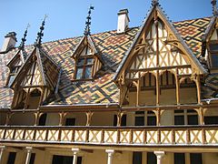 The polychrome tiles of the Hospices de Beaune, France.