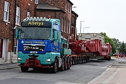 Allelys Heavy Haulage truck navigating in Kingston upon Hull as it drives a transformer to the Dogger Bank Convertor Station.