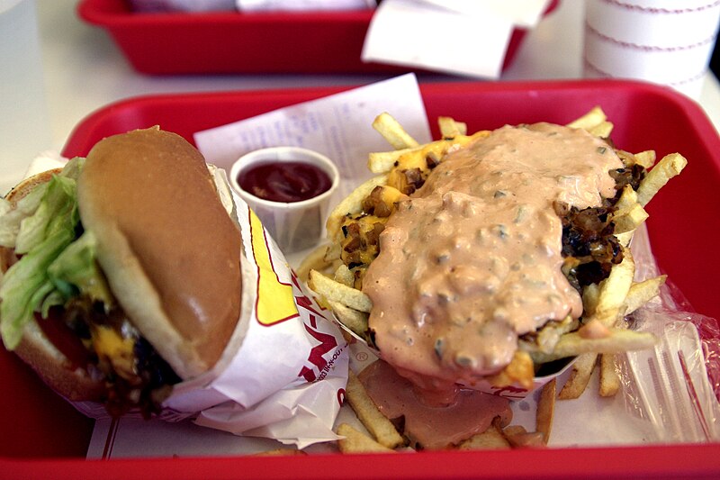 File:In-N-Out Burger hamburger and animal fries.jpg