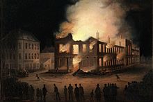 Political protests from Tories led to the burning of the Parliament Buildings in Montreal in 1849. Incendie Parlement Montreal.jpg