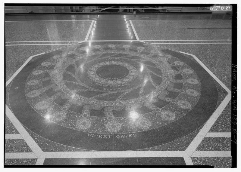 File:Interior of Left Powerhouse; detail of the terrazzo floor depicting a Francis turbine, looking east. - Columbia Basin Project, Grand Coulee Dam Powerplant Complex, Grand Coulee HAER WASH,13-GRACO,1B-7.tif