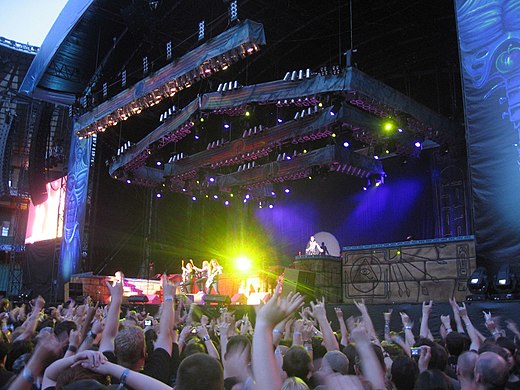 Iron Maiden performing in Toronto during the Somewhere Back in Time World Tour 2008. The stage set largely emulated that of the World Slavery Tour 1984–85.[299]