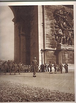 The 14th Infantry Division marches through Paris on June 18, 1945, behind General Salan. Jacquot elie 1945 14DI defile paris 18 juin 1945.jpg