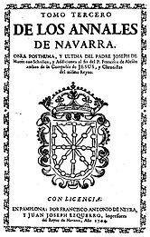 Tomo tercer de los Anales de Navarra, impreso por Ezquerro y Juan Francisco de Neira (1704)