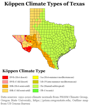 Koppen climate types of Texas, using 1991-2020 c. Koppen Climate Types Texas.png