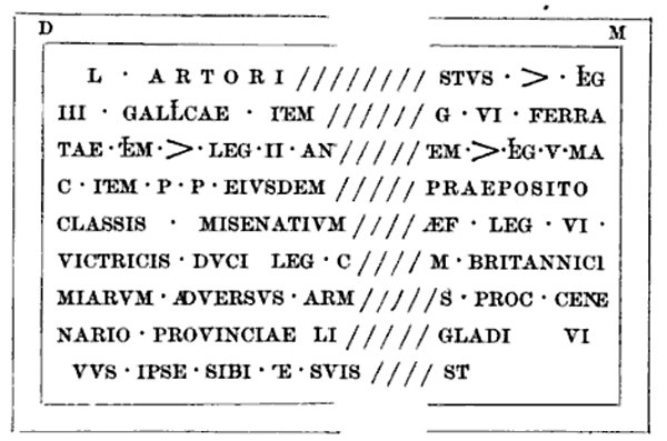 Drawing of the Lucius Artorius Castus inscription from Podstrana, as read (with minor errors) by professor Frane Bulić in the late 1880s (source: T. G