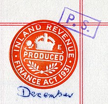 Embossed stamp certifying that a conveyance has been produced in accordance with the Finance Act 1931 Legal stamp - Inland Revenue.jpg